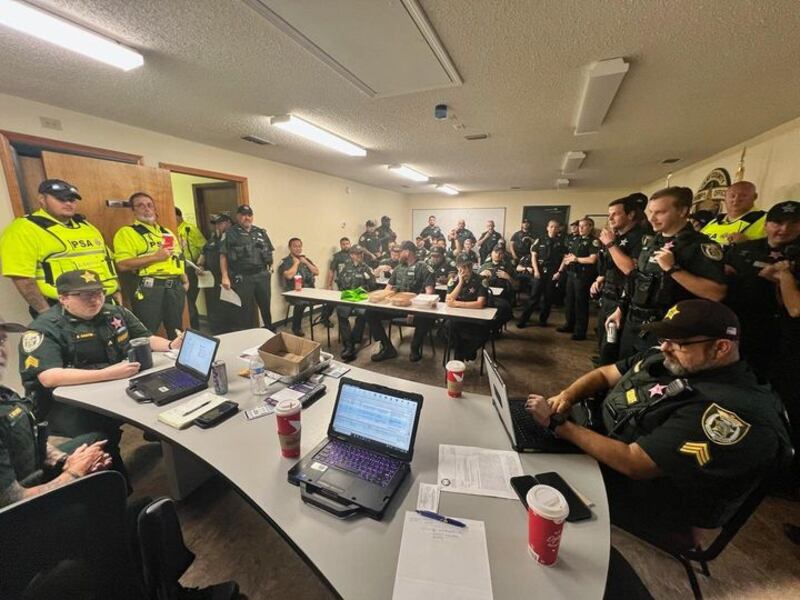 Clay County Sheriff's officials gathered Thursday morning before hitting the streets to survey damage from Hurricane Milton.