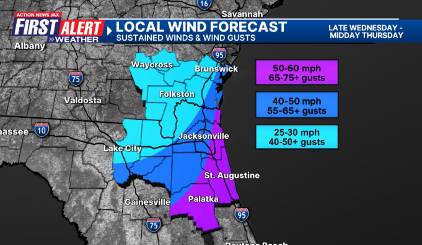 Action News Jax First Alert Weather local wind forecasts from Hurricane Milton.